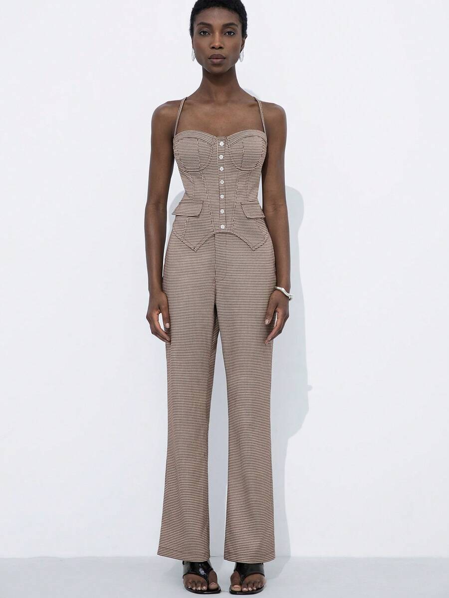 SHEIN Privé Nuevo conjunto de 2 piezas de top corto tipo bustier y pantalones de pierna acampanada a cuadros estilo vintage francés casual y relajado para mujeres jóvenes