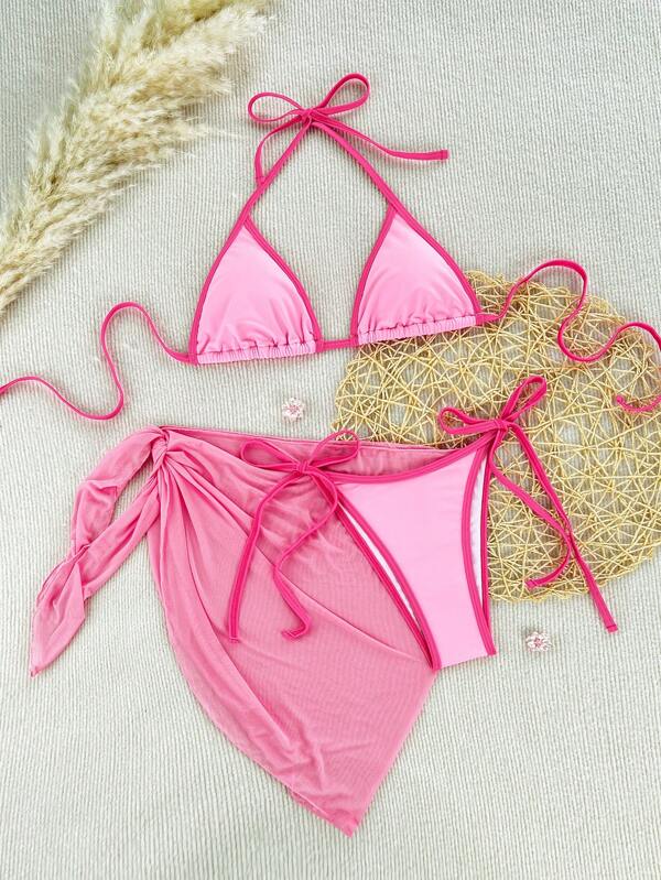 Swim Mod New Ladies' Solid Color Bikini Set Set, Contrast Color Spaghetti Strap Halter Bra, High Cut Sides Panty, Side Tie Mesh Skirt, 3 Pieces Bikini Swimwear For Summer Beach Vacation