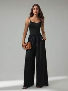 SHEIN Tall 女式夏季简约纯色斜口袋阔腿连体裤 - 黑色 - 查看 6