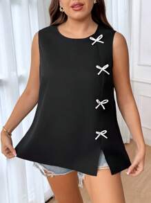SHEIN Frenchy Plus Size Women Bow Decor Crew Neck Sleeveless Casual Shirt,Business Casual Woman