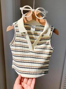 SHEIN Babygirl Cute Striped Knit Sleeveless Polo Shirt, Versatile For Summer