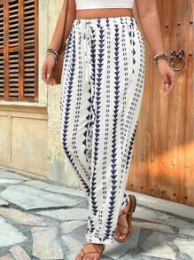 SHEIN Holidaya Pantaloni casual e larghi con stampa a cono, vita con coulisse, adatti alle vacanze, per taglie forti