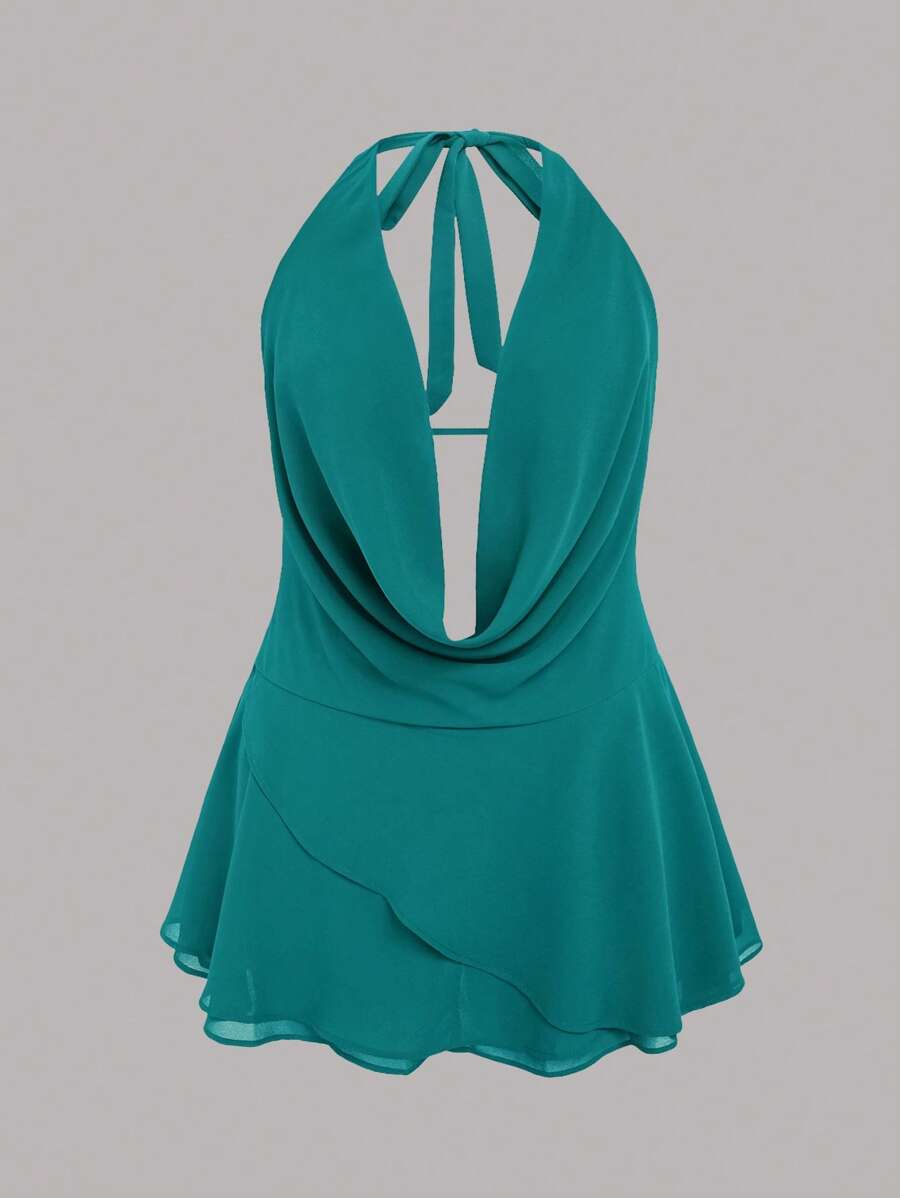 INAWLY 加大码纯色垂坠领无袖性感连衣裙