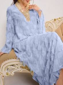 Al Najma 女式拼接丝带 V 领流苏设计宽松阿拉伯连衣裙，朴素长袍 - 藍色 - 查看 4