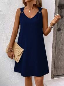 SHEIN LUNE 1 buah Gaun Wanita Polos Sederhana dan Modis, Cocok untuk Musim Panas - Navy Blue - View 6