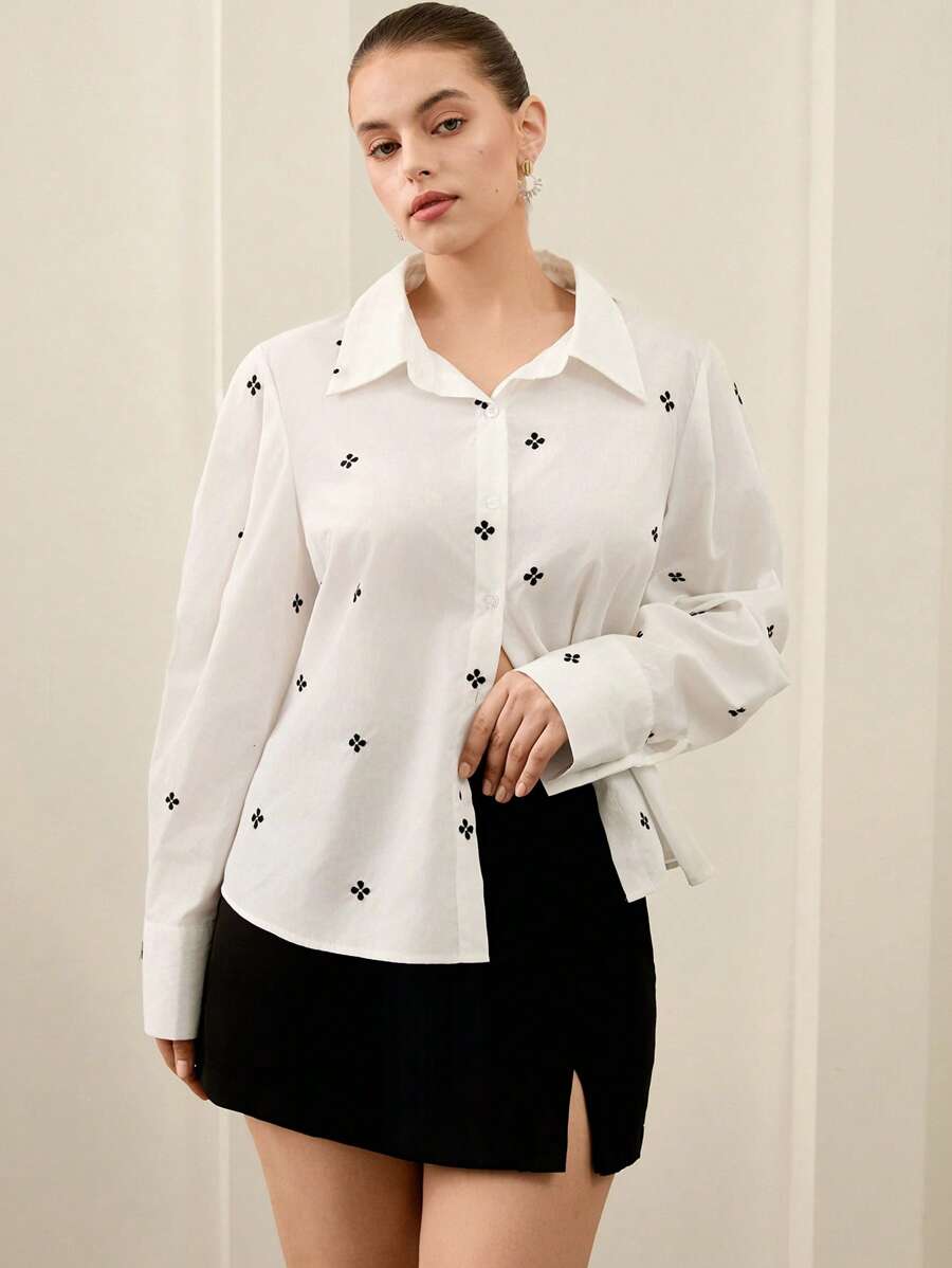 Femmeiva French Vintage Elegant Black And White Floral Embroidery Blouse For Women,Autumn Smart Casual Everyday Slim Fit Plus Size Turndown Collar Button Down - White - View 1