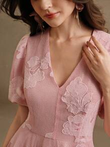 Anewsta Elegant Embroidered Lace Floral Gathered Waist Short Dress, Boho Style, Suitable For Spring And Summer - Baby Pink - View 2
