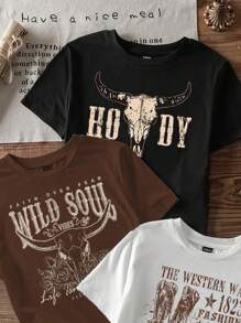 Attitoon 3 pièces Set: Bottes occidentales vintage, Motif occidental des années 90, Motif tête de taureau occidental, Impression de lettre occidentale vintage. T-shirt court et moulant à col rond, manches courtes, style minimaliste pour festival de musique d'été
