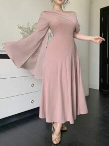 DAZY 女士纯色不对称领口喇叭袖优雅连衣裙，正式女士长裙 - 粉色 - 查看 8