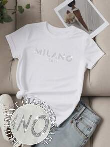 SHEIN LUNE Camiseta de manga corta casual de talla grande para mujer con impresión de la frase MILANO ITALY y gráficos