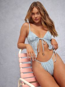 WESTFADE Spring Ruffle Low Rise Cute Adjustable Bow Tie Sides High Cut Leg Cheeky Bikini Bottoms Summer Beach Vacation - Dusty Blue - View 1