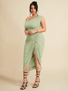 SHEIN BAE 加大码女式纯色不对称领口长袖抽绳下摆开衩修身优雅连衣裙，女士正装，女士生日礼服 - 薄荷綠 - 查看 4