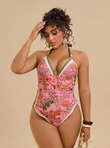 Travachic Plus Size Tropical Floral Print Halter Tie Front One Piece Swimsuit For Women Summer