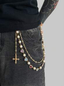 ROMWE Fairycore 1pc Vintage Elegant Minimalist Multi-Color Crystal & Faux Pearl Pants Chain, Men Punk Hip Hop Cross Body Chain, For Pants Decoration