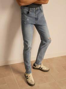 SWAVVY 男士时尚休闲修身弹力轻洗做旧牛仔裤 - 淺藍色 - 查看 5