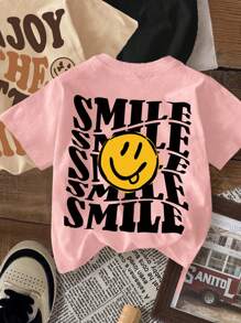SHEIN Leap Crew 3pcs Tween Girls Casual Loose Cartoon Smile & SMLLE Letter Graphic Round Neck Short Sleeve T-Shirts, Suitable For Summer - Multicolor - View 7