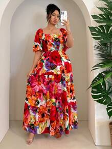 SHEIN Clasi 大码方领荷叶边袖热带度假印花连衣裙