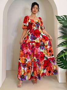 SHEIN Clasi 大码方领荷叶边袖热带度假印花连衣裙