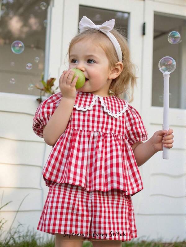 Cozy Pixies 2 pezzi Set di top a maniche a sbuffo con colletto Peter Pan e pantaloncini in vita elastica per bambine