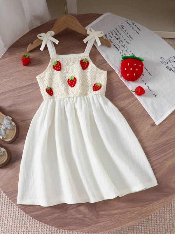 Vintaside Kids Ärmeloses beiges Kleid für Kleine Mädchen mit süßem Erdbeermuster, im Landhausstil, geeignet für Outdoor-Picknicks, Gartenspiele, lässigen Alltag, Sommer