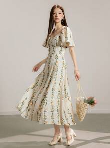 Modelyn Women's Long Dress With Ruffled Sleeves, Romantic Holiday Style, Women's Graduation Dress, Women's Summer Dress, Floral Lemon Print Dress - Multicolor - View 2