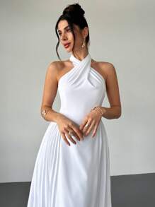 Firerie Váy chữ A hở lưng màu trắng thanh lịch, tinh tế, lãng mạn dành cho nữ, phù hợp cho khách dự tiệc cưới, hàng ngày, kỳ nghỉ, đi làm - trắng - Xem 3