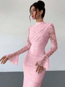 Firerie Váy đuôi cá màu trắng tay bồng ren thanh lịch cho nữ, lãng mạn và quyến rũ cho tiệc cưới, kỳ nghỉ, mùa xuân/hè - Hồng - Xem 5