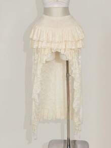 SHEIN ICON Plus Size High Waist Lace Layered Front Short Rear Long Skirt, Boho, Vacation - Beige - View 3