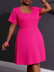 SHEIN CURVE+ Plus Size Elegant Casual Fuchsia Short Sleeve A-Line Mini Dress, Large U Neck, Suitable For Dates And Daily Wear, Summer, Curve Plus, Boho Vacation Beach Outfits For Woman/Beach Dress/Beach Vacation Outfits/Beach Essentials / Graduation/Tea Party Dress - Hot Pink - View 6