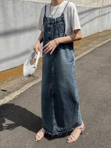 FRIFUL Women's Straight Cut Denim Pinafore Dress