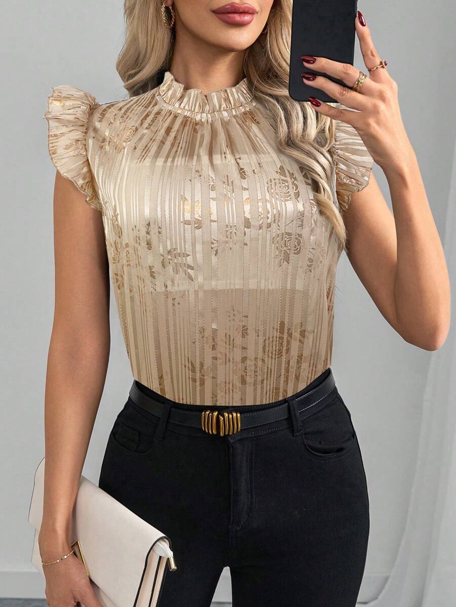 SHEIN Clasi Women's Elegant Ruched Ruffle Collar Foil Floral Print Cap Sleeve Fitted Blouse - Pink - View 1