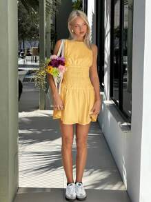 SHEIN EZwear 无袖褶饰腰迷你连衣裙，夏季 - 黃色 - 查看 5