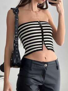 INAWLY Women's Contrast Color Striped And Printed Simple Daily Top