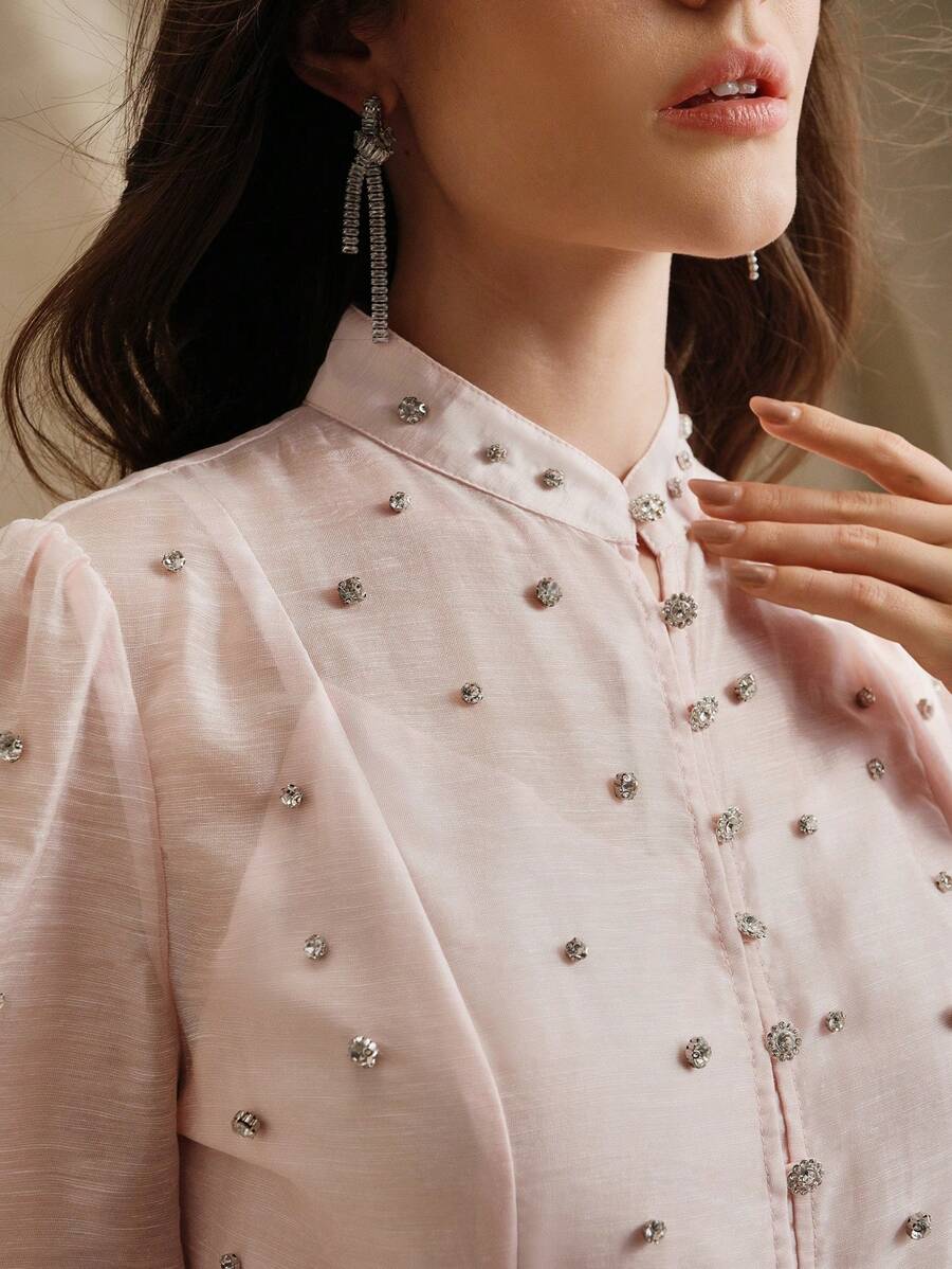 Anewsta Women's Short Rhinestone-Embellished Shirt Dress With Belt, Elegant & Versatile, Blue, Spring - Baby Pink - View 1