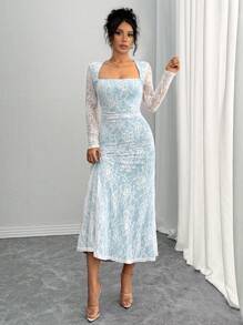 Rafferiza 优雅紧身 U 领长袖白色蕾丝美人鱼下摆白色连衣裙，适合女士，秋冬季长款女装 - 彩色 - 查看 4