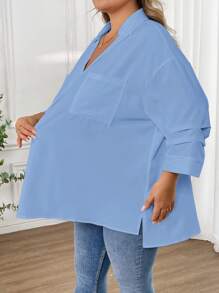 SHEIN CURVE+ Áo kiểu nữ cỡ lớn màu trơn, vai rớt, dáng rộng, có túi, phong cách thường ngày, công sở, đi biển, kỳ nghỉ biển, đồ cần thiết khi đi biển, lễ tốt nghiệp, tiệc trà. - Màu xanh lam - Xem 8