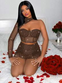 Zolique Fashionable Sexy Short Front Long Back Sequin Mesh Mini Skirt - Brown - View 6