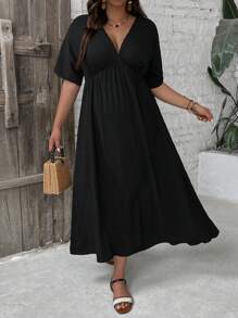 SHEIN VCAY Rochie cu mânecă scurtă, de zi cu zi, cu mâneci scurte, de damă, de mărime mare, culoare uni, negru