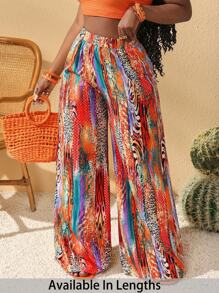 SHEIN PETITE CURVE 大码波西米亚风多色梭织长裤：时尚舒适的阔腿裤，弹性腰带设计，适合女性，夏季度假穿着，高腰设计，休闲宽松。 - 彩色 - 查看 1