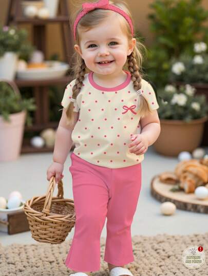 SHEIN 可爱甜美粉色波点蝴蝶结印花女宝宝休闲简约短袖圆领裤套装，适合春夏季