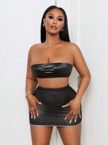 BamGleam Women's Solid Color Hollow Out Bodycon Mini Skirt, Fashionable & Sexy - Black - View 3