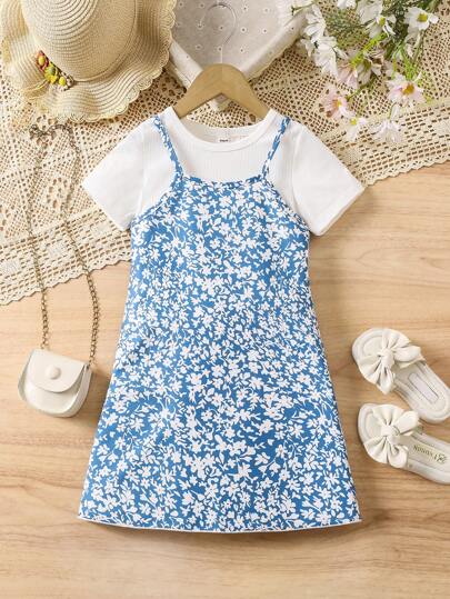 SHEIN 2pcs/Set Young Girl Plain Round Neck Short Sleeve T-Shirt & Floral Print Slip Dress