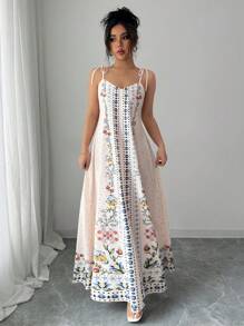 Rafferiza 1 pieza Vestido suelto con estampado floral y tirantes de espagueti para mujer, casual para playa/vacaciones