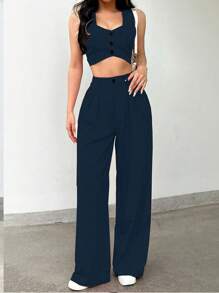 INAWLY 2pcs Set Women Summer Casual Solid Color Sleeveless Top & Pants - Baby Blue - View 3