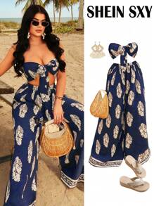 SHEIN SXY 波西米亚风休闲夏日度假套装，蓝色复古印花全身度假装，系带前短款上衣 + 超阔腿裤 2 件套，适合音乐节、派对、节日、日常穿着 - 彩色 - 查看 1