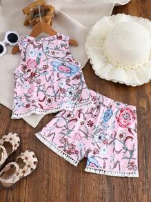 Tenue pour bébé fille, Top à col rond avec imprimé fleuri et franges, assorti à un short. Tenue polyvalente et décontractée, adaptée pour le port quotidien.