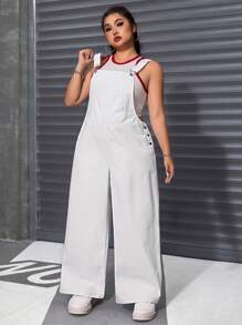 Jeanoix Plus Size Solid Color Pocketed Sleeveless Casual Denim Bib Pants For Summer - White - View 5