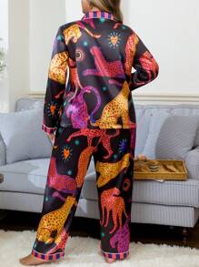 Plus Size Leopard Stripe Contrasting Color Satin Shirt & Pants Sleepwear Set, Cozy And Elegant Details, Fall Winter Clothes Outfit - Multicolor - View 2