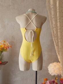 SHEIN Swim 1 件女士纯色细肩带连体泳衣，夏季时尚 - 黃色 - 查看 2