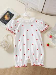 Infant & Baby Girl Ruffled Collar Strawberry Embroidery Polka Dot Bubble Sleeve Romper With Ruffle Hem, Cute & Comfortable For Home And Outdoor, Spring/Summer/Autumn